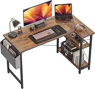 L Shaped Gaming Desk, 100x70 cm Computer Desk with Storage Bag, Office Desk Writing Table with Large Reversible Storage Shelves, Workstation for Study Play Work Home Office, Rustic Brown