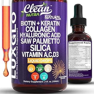 Biotin Liquid Drops Collagen Keratin Hyaluronic Acid Saw Palmetto for Hair Skin and Nails Silica Vitamin A C Vitamin D Bamboo Turmeric Zinc Folate Magnesium Horsetail LuxGlo by Clean Nutra - 5Pack