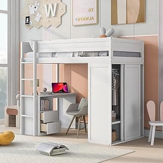 Stylish Wooden Twin Size Loft Bed with Wardrobes and Built-in Desk