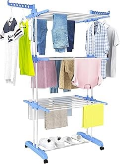 HOMIDEC Clothes Drying Rack, 4-Tier Foldable, Stainless Steel & Plastic, Blue, 67.7H x 19.7W x 30L Inches, Clothing, Floor Mount, Locking Wheels