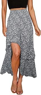 BTFBM Women 2025 Summer Fall Boho Long Skirts Dress Floral Print Elastic Waist Split Ruffle High Low Beach Maxi Skirt