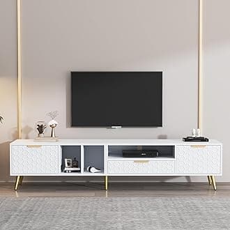 BTM TV Stand Cabinet for TV up to 80", TV Stand with Drawer, 2 Cabinets and Open Shelves, Embossed Pattern TV Unit, 180x40x41cm