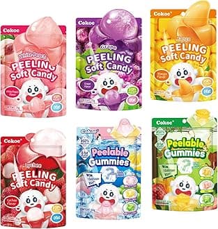 COKOC Peelable Gummy Variety Pack - 6 Individual Packs Featuring Peeling Mango, Grape, White Peach, Lychee,Strawberry,Apple& Lemon Burst Flavors,Perfect for Christmas Stocking Stuffers, Holiday Parties & Everyday Snacking,Easter Candy Bag