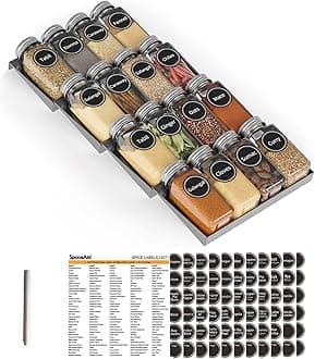 SpaceAid Spice Drawer Organizer with 16 Spice Jars, 386 Spice Labels, 4 Tier Seasoning Rack Tray Insert for Kitchen Drawers, 7.5" Wide x 17.5" Deep