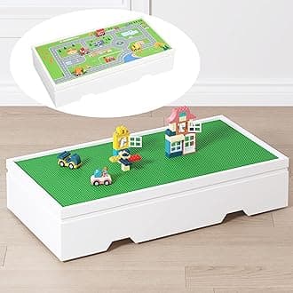3 in 1 Construction Play Table Compatible with Lego, Rolling Kids Activity Train Table with Storage and Wheels, Reversible Top Store Under Beds or Sofas