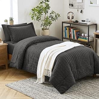 CozyLux Twin Comforter Set with Sheets 5 Pieces, Dark Grey Seersucker Textured Bed in a Bag, Dark Gray Luxury Soft Bedding Sets with Down Alternative Comforter, Sheets, Pillowcase & Sham All Seasons