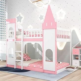 MERITLINE Twin Over Twin Bunk Bed for Kids, Castle Bunk Beds with Ladder & Safety Guardrail, Solid Wood Twin Bunk for Kids Girls Boys Teens (Pink)