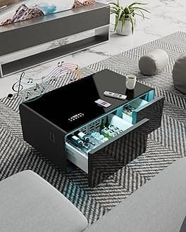 Smart Coffee Table, 23" D x 41.5" W x 18.1" H, Living Room Table with Built in Fridge and Speakers, Smart Table with 15W Wireless Charging, USB Chargers (Black)