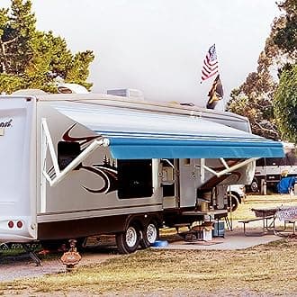 Awnlux White Motorized Modular Retractable RV Awning Full Set Assemblies for RV, 5th Wheel, Travel Trailers, Toy Haulers, and Motorhome - RV Trailer Awning for Home or Camper - 18x8 Ft - Blue Strip