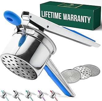 Bellemain 15 oz Large Potato Ricer | Heavy-Duty Stainless Steel Ricer & Masher | Perfect for Mashed Potatoes | Kitchen Tool with 3 Interchangeable Discs (Blue)