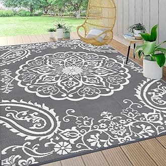 Pauwer Waterproof Outdoor Rug 8x10, Reversible Plastic Straw Patio Camping Rug, Indoor Outdoor RV Mat Carpet for Deck, Camper, Porch, Balcony, Backyard, Picnic, Boho Grey