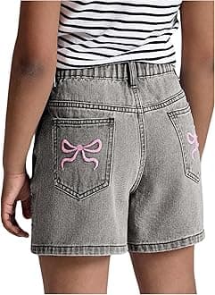 MakeMeChic Girl's Denim Shorts Bow Embroidery Straight Leg Bermuda Jean Shorts with Pockets