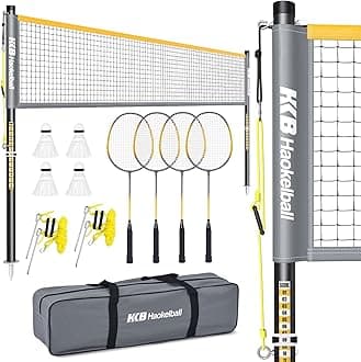 Haokelball Outdoor Badminton Net Set with Anti-Sag Winch System - 20ft Badminton Net, 4 Rackets, 3 Shuttlecocks & Carry Bag, Badminton Set for Backyard, Grass, Beach, Holiday Games