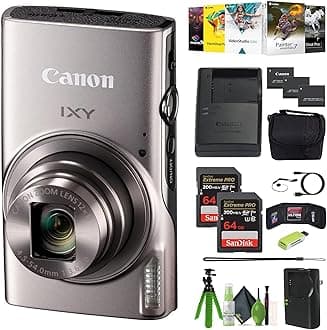 Canon PowerShot IXY 650 (ELPH 360) HS Compact Digital Camera 12x Optical Zoom IXY650 (Silver) + 2X 64GB Memory Card + Card Reader + Photo Software + Vlogging Tripod + Cleaning Kit + More