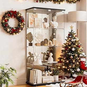 Glass Display Cabinet 4-Shelf with Door, Lock and Mirror,4mm Tempered Glass Floor-to-Ceiling Glass Bookcase for Bedroom, Living Room, Black