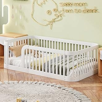 Bellemave Twin Floor Bed with High Fence and Rounded Corner Design, Wood Montessori Floor Bed with Guardrail and Entrance, Easy Assemble Montessori Bed Twin Size, White
