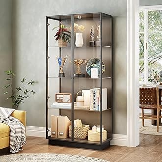 70.1" H Glass Display Cabinet,4 Tiers Curio Display Case with 6 Color LED Lights, Tempered Glass Aluminum alloy Curio Display Cabinet Standing Bookshelf Showcase for Bedroom,Kitchen，Living Room, Black