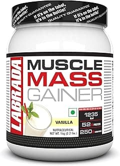 Muscle Mass Gainer (Gain Weight, Post-Workout, 52g Protein, 250g Carbs,1g Creatine, 500mg L-Carnitine, 3 Servings) - 2.2 lbs (1 kg) (Vanilla)