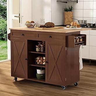 HLR Kitchen Island On Wheels, Brown Rolling Kitchen Island Cart with Solid Wood Drop Leaf Breakfast Bar, Barn Door Kitchen Islands with Storage Cabinet and Tower Rack, Island Table for Kitchen
