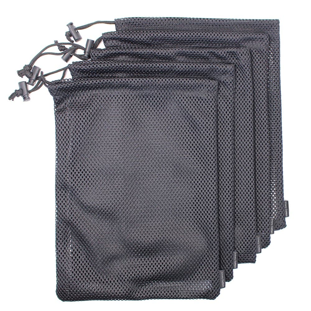 5 PCS Multi Purpose Nylon Mesh Drawstring Storage Ditty Bags for Travel & Outdoor Activity, Black, 11 x 8.8inch