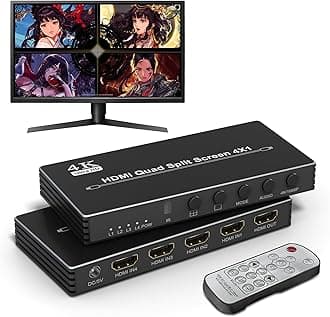 4K HDMI Multi-Viewer HDMI Quad 4x1, HDMI Multi-Switcher 4 in 1 Out Seamless Split Screen with IR Remote