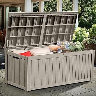 150 Gallon Large Deck Box w/Divider, XL Waterproof Outdoor Storage for Patio Furniture,Outdoor Cushions, Garden Tools, Sports Equipment and Pool Supplies, Resin, Lockable, Taupe