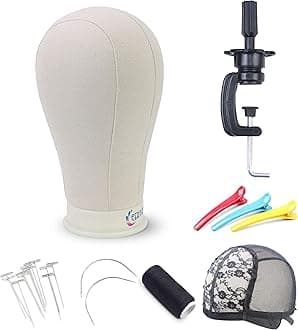 Eerya Canvas Block Wig Head, Light Brown, 22" Circumference, 12.3" Height, Canvas & Polyurethane Material, Wig Making & Display, Includes Accessories