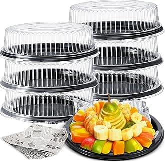 Tessco 6 Pcs Heavy Duty Serving Tray and Lid 12 Pcs Deli Wax Paper Sheets Large, Black Plastic Round Platters with Clear Lids for Party Food Sandwich Veggie Cookie Tray, Heavy Duty (16 Inch)