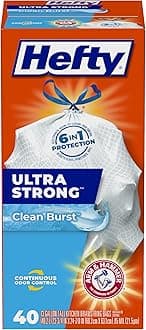 Hefty Ultra Strong 13 Gallon Trash Bags, Tall Kitchen Trash Bags 13 Gallon Size, Drawstring Closure, Continuous Odor Control, White, Clean Burst Scent, 40 Bags