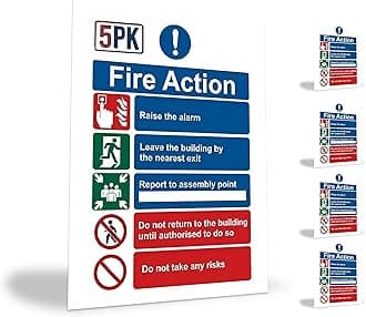 1/2/5/10 Pack Fire Action Notice Sticker 20x15cm – Fire Safety Sign for Evacuation, Assembly Point, and Extinguisher Locations - Self Adhesive Vinyl (5)