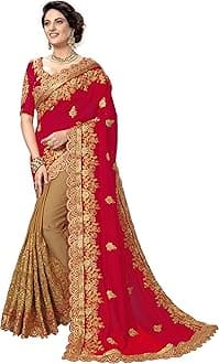 TRENDMALLS Women's Silk Satin Embroidery Saree with Unstitched Blouse