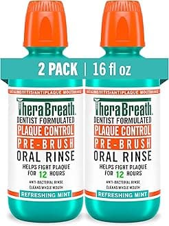 TheraBreath Plaque Control Pre-Brush Oral Rinse, Refreshing Mint Flavor, Antigingivitis and Antiplaque Rinse, Dentist Formulated, Alcohol Free, 16 Fl Oz (Pack of 2)