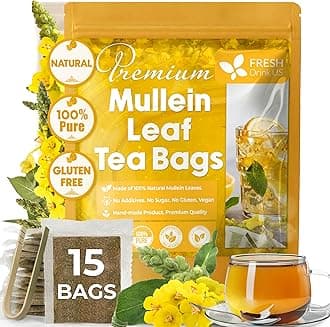 FreshDrinkUS, Premium 15 Mullein Leaf Tea Bags For Lung, 100% Natural & Pure from Mullein Leaves. Loose Leaf Mullein Herbal Tea. Made with Natural Material Tea Bags. No Sugar, No Caffeine, No Gluten, Vegan.