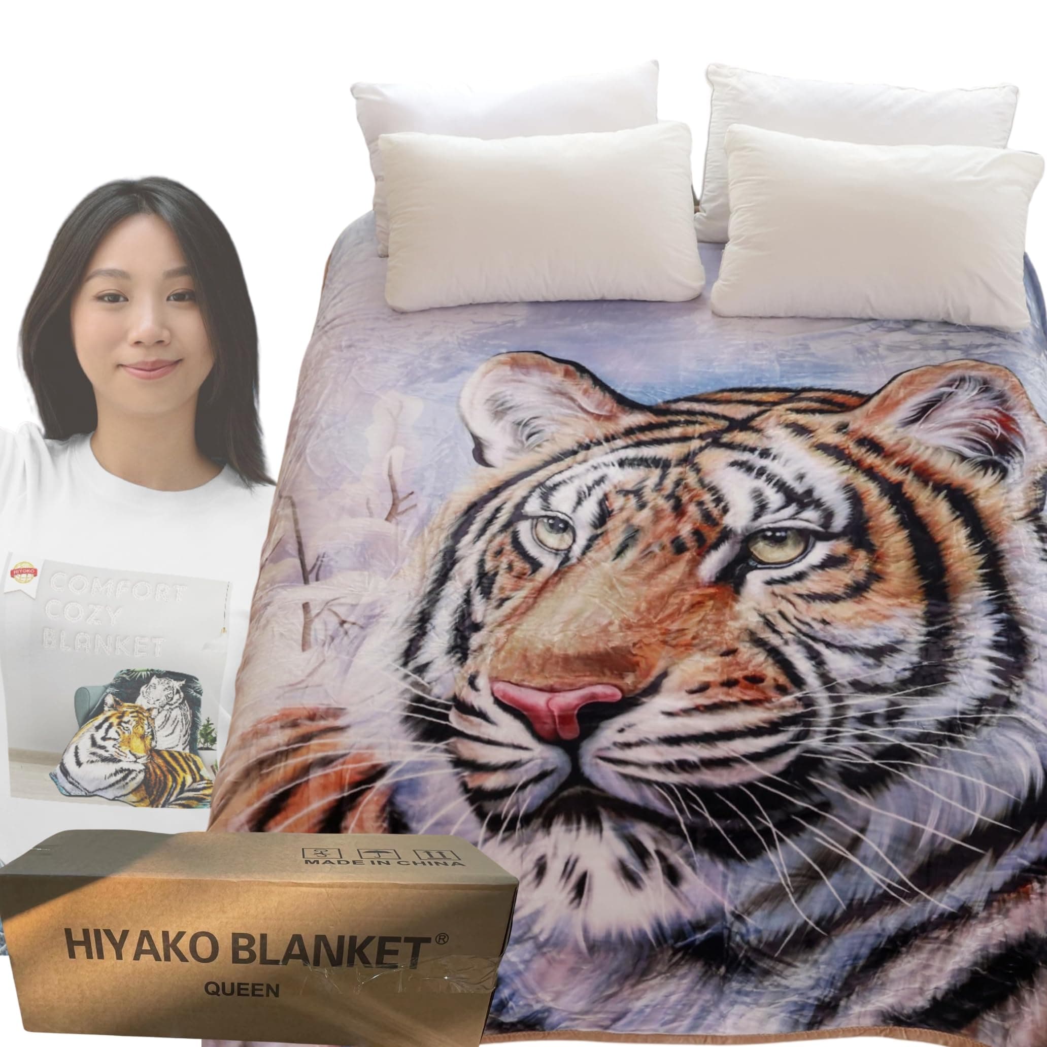 Tiger Animal Print Blanket 5.3 Lbs - Warm Plush, Heavy Thick, and Soft Fuzzy Fleece for Cozy Comfort Winter - Korean Mink Mexican Cobijas San Marcos Adult Blankets - Queen Size 75" X 90"