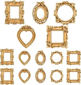 Vicenpal 15 Pcs Vintage Mini Picture Frames Baroque Antique Small Resin Jewelry Display Table Frame for Christmas DIY Photo Holiday Party Decoration (Gold)