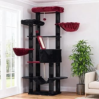 Heybly Cat Tree, 68 inch Multi-Level Cat Tower for Indoor Cats, 2 Widened Plush Perches Cat Condo with Scratching Board and Big Caves, Black and Red HCT025BR