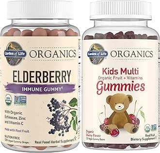 Garden of Life Organics Kids Immune Bundle – Elderberry Immune Support Gummies (120 Count) + Certified Organic Kids Multivitamin Gummies, Non-GMO, Gluten Free, Cherry (120 Count)
