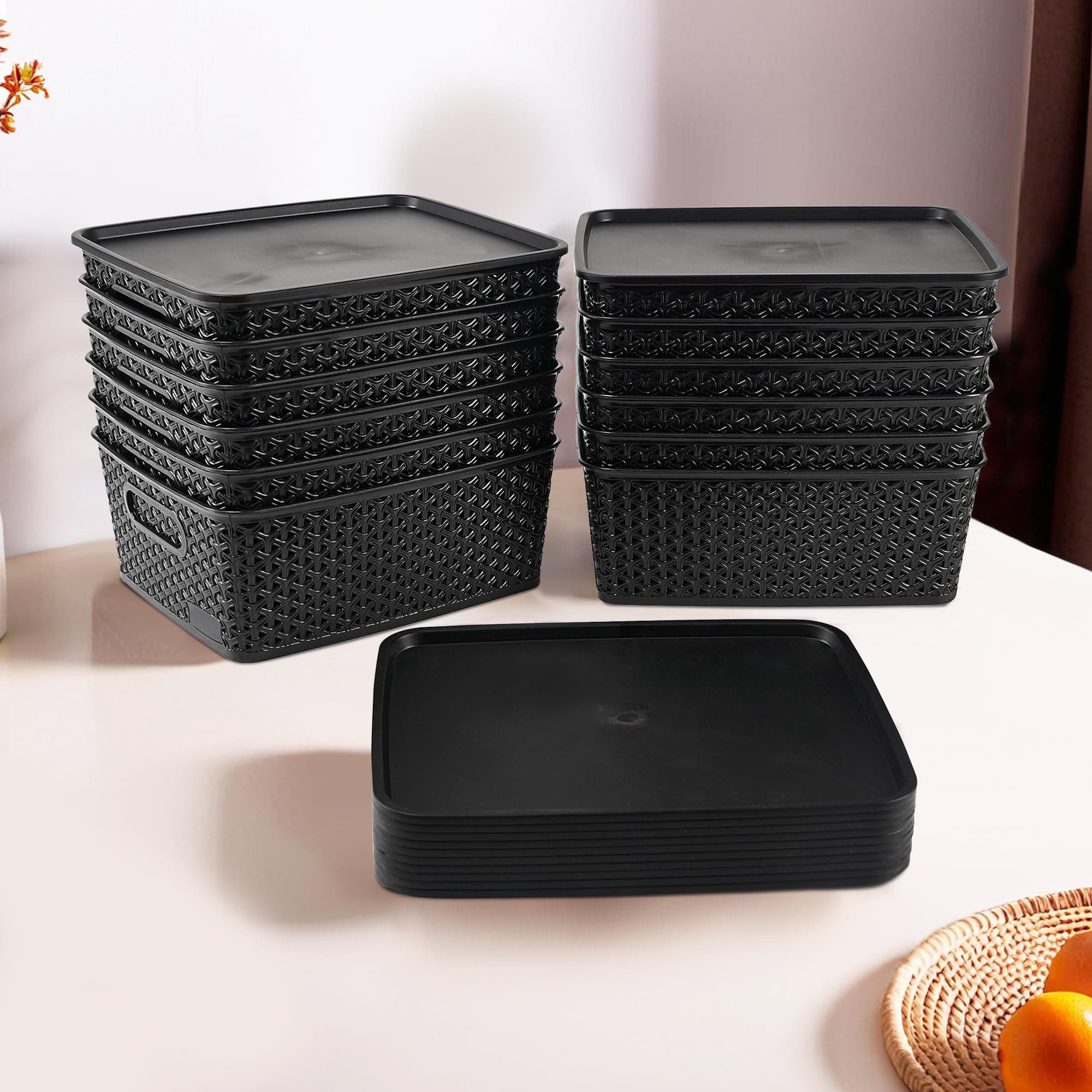 Kuber Industries 12 Pcs Stackable Plastic Storage Box with Lid | H3 Multi-Purpose Basket for Storage - Ideal Home Organizers for Baby Dress, Stationary, Medicine & Pooja Items | Black