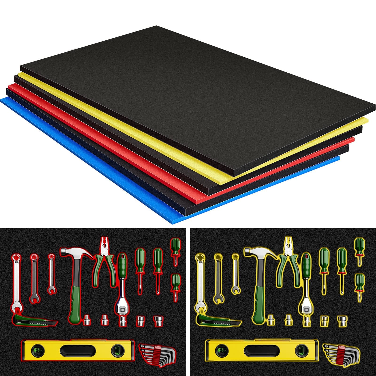 3 Sets Tool Box Foam Organizers, Tool Box Adjustable Shadow Foam, Non Slip Organizer Toolbox Drawer Liner Mat (10.6 x 18 Inch)