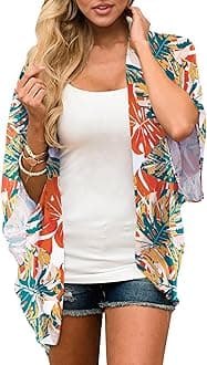 FINOCEANS Womens Floral Chiffon Kimono Cardigans Loose Beach Cover Up Half Sleeve Tops