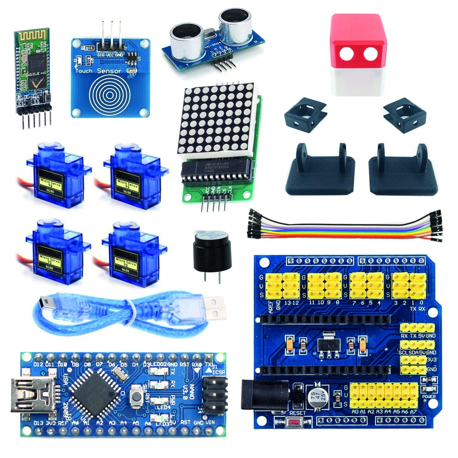 Pro Barney Robot ArduinoNano Project Kit, ArduinoBarney Robot Pro Kit, Humanity Robot Sample Project Codes, ArduinoNano Control Board, 4X SG90 Servo, Nano Protoshield, MAX7219 Dot Matrix Module