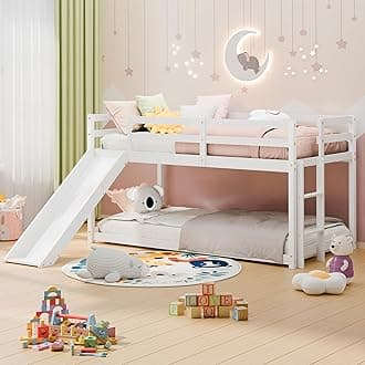 MU Low Bunk Bed with Slide, Twin Over Twin Bunk Bed, Solid Wood Bed Frame with Climbing Ladder & Safety Guard Rail, Floor Loft Bed with Storage Space for Kids Toddler, White