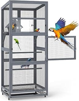 Coziwow 68" H Large Wood Bird Cage on Wheels, Outdoor Bird Aviary Indoor Wooden Large Bird Cage Parakeet Cage with Pull Out Tray and Feeder,Ideal for Small Birds,Finches,Parrots, Gray