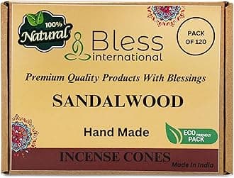 Bless International Sandalwood 100%-Natural-Incense-Cones Handmade-Hand-Dipped Organic-Chemicals-Free for-Purification-Relaxation-Positivity-Yoga-Meditation The-Best-scents 120 Count