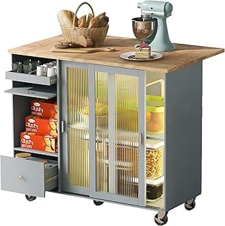 Kitchen Island Cart with LED Lights and Drop Leaf, Mobile Kitchen Table with Adjustable Shelf and 2 Drawers, Portable Islands on Wheels with 2 Fluted Glass Doors and 1 Flip Cabinet, Grey Blue