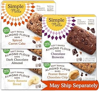Simple Mills Almond Flour Snack Bars (Nutty Banana, Spiced Carrot Cake, Dark Chocolate Almond, Peanut Butter Chocolate Chip, and Chocolate Brownie) - Breakfast Bars (Pack of 5)