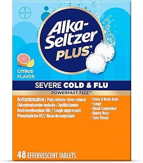 - ALKA-SELTZER PLUS Severe, Cold & Flu Medicine, Citrus Effervescent Tablets, Nasal & Sinus Congestion, Sneezing, Runny Nose, Cough, Sore Throat, Fever, Headache and Body Aches & Pains, 48ct, Orange