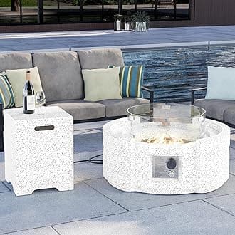 HOMPUS Round Fire Pit Table, Outdoor Propane Fire Pit w Free Lava Rocks & Rain Cover, Terrazzo Colorful Fire Table w Tank Cover & Wind Guard for Patio