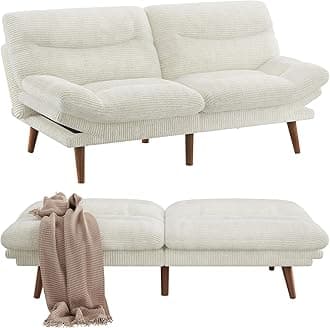 Pipishell 66"/75" Convertible Futon Sofa Bed, Adjustable Backrest & Armrests,Corduroy Sleeper Couch for Small Spaces, Living Room, Office, Guest Room (White, 75 Inch)