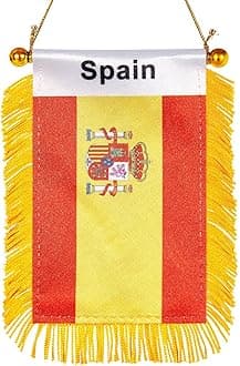 WXTWK 3 X 5 Inch Spain Flag Spanish Window Hanging Flag Small Mini Car Flags Banners Rearview Mirror Decoration With Suction Cup Golden Fringy Banner